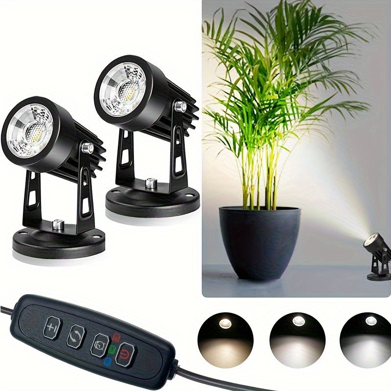 Two-pack of 5W LED indoor uplights with adjustable color temperature, dimmable feature, and timer for plants and artwork.