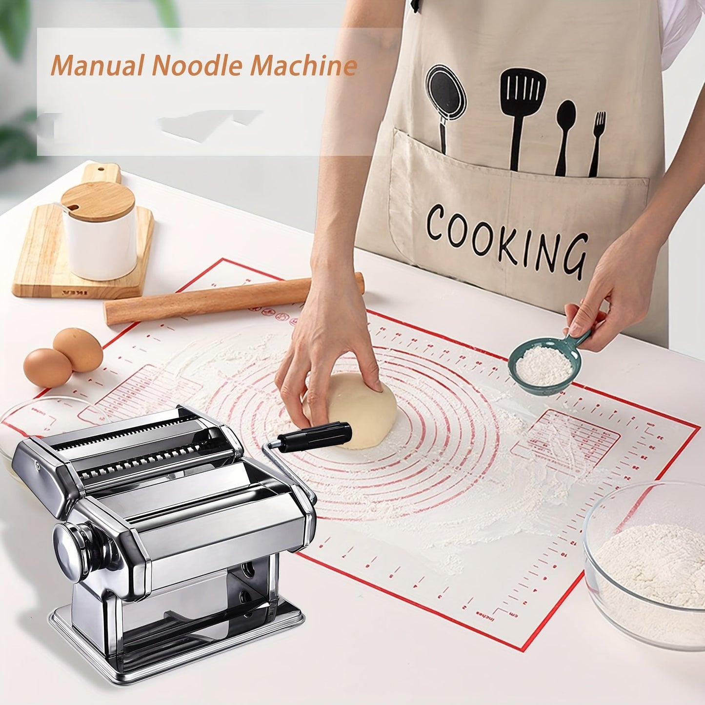 Manual Pasta Maker Machine with Hand Press, 8 Adjustable Thickness Settings, Washable Aluminum Alloy Roller and Cutter