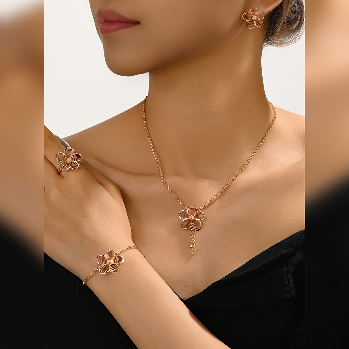 Luxurious Copper Jewelry Set for Women - Complete with Necklace, Bracelet, Ring & Earrings | Vintage Style, Ideal for Weddings, Special Events & Gifting