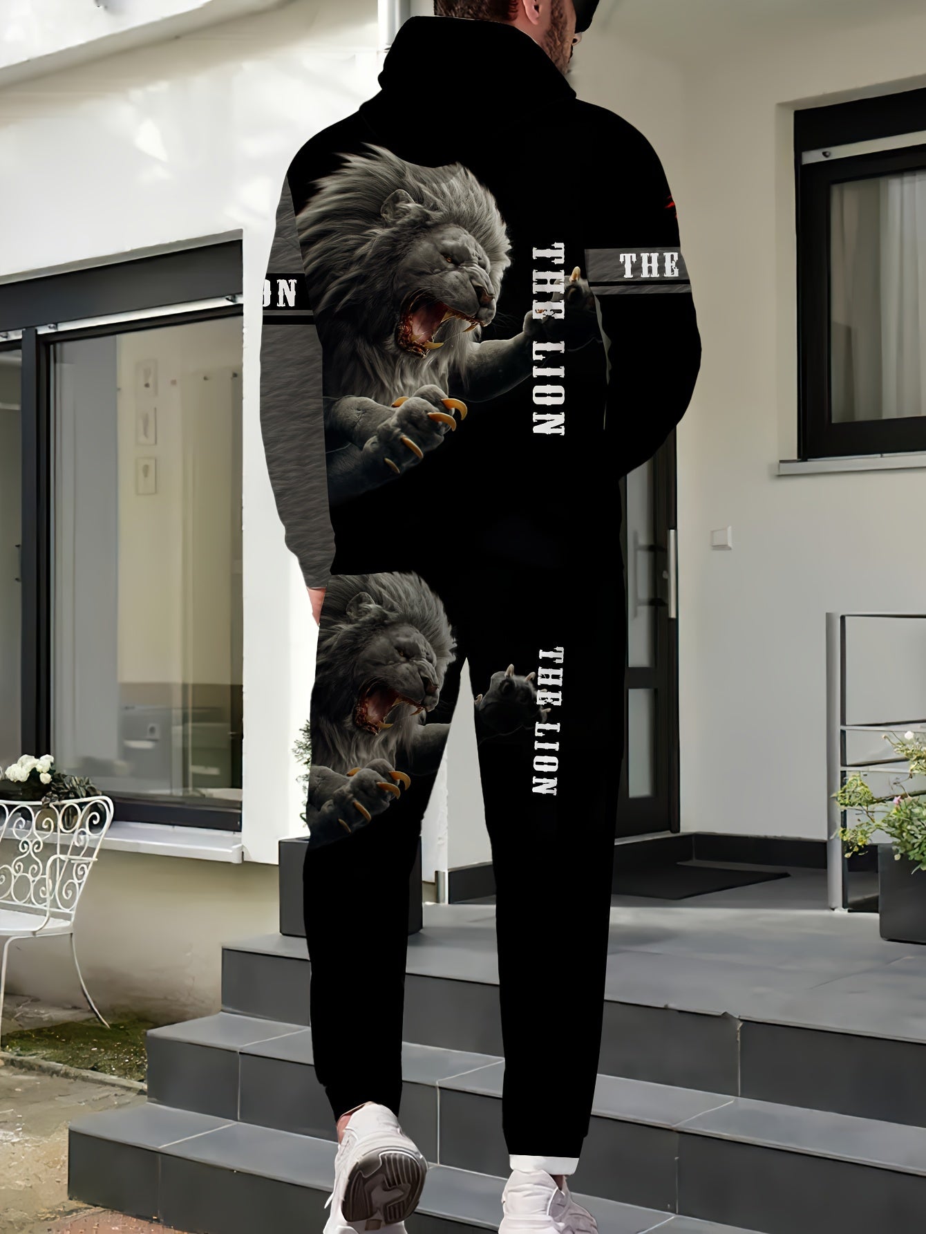 Men's Fierce Lion Graphic Hoodie & Sweatpants Set - Casual, 2-piece polyester outfit, long sleeve, machine washable, perfect for spring/fall.