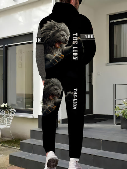 Men's Fierce Lion Graphic Hoodie & Sweatpants Set - Casual, 2-piece polyester outfit, long sleeve, machine washable, perfect for spring/fall.