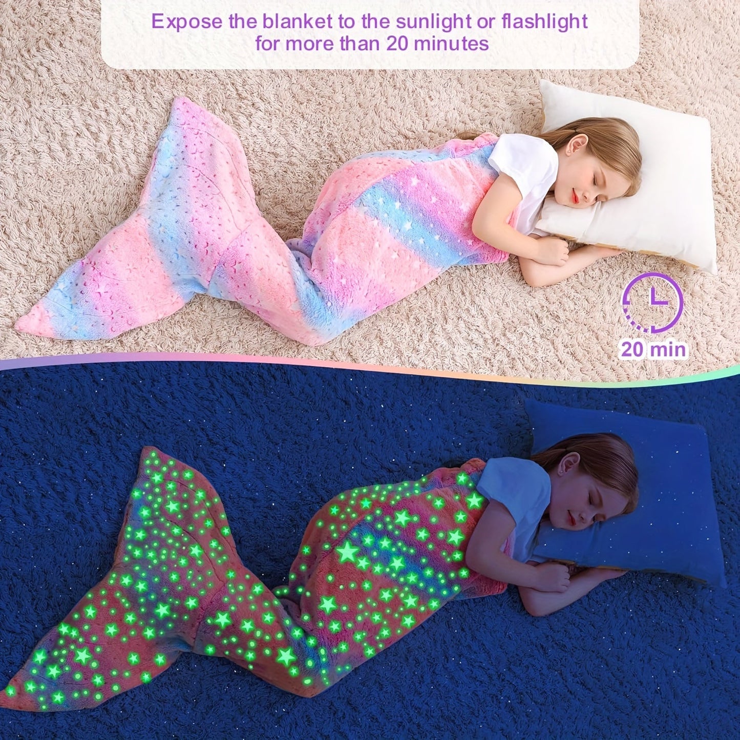 Soft flannel wearable plush mermaid tail blanket that glows in the dark, suitable for girls, teens, and adults. Ideal for all seasons, birthday gifts, nursery decor, unicorn sleeping bag, and kindergarten decor.