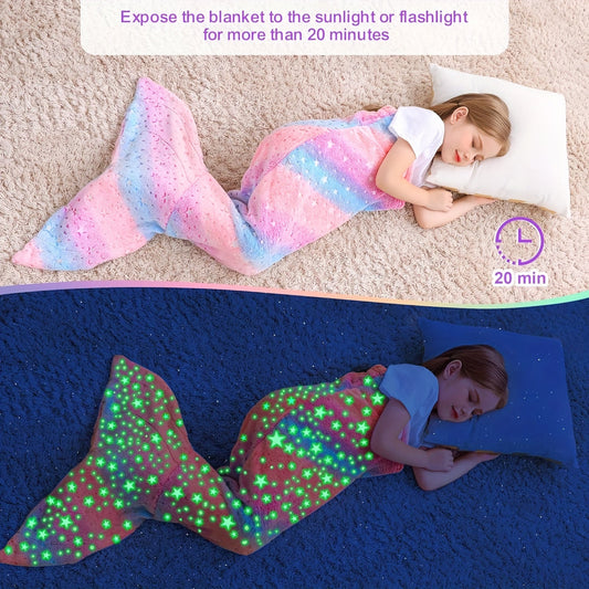 Soft flannel wearable plush mermaid tail blanket that glows in the dark, suitable for girls, teens, and adults. Ideal for all seasons, birthday gifts, nursery decor, unicorn sleeping bag, and kindergarten decor.