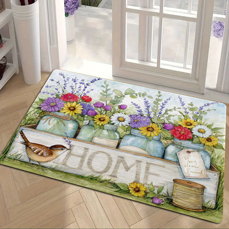 Spring Floral and Bird Design Home Door Mat, Perfect for Easter and Valentine's Day, Anti-Fatigue Kitchen Decor, Machine Washable, Stain Resistant, Non-Slip, Made of Polyester, 1 Piece, Rectangle Shape, 1.2cm Thick