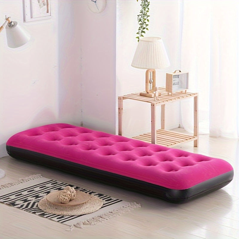 Red inflatable velvet air bed for camping or home use, supports up to 200kg without need for electricity or pump.