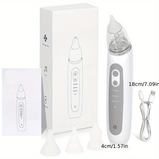 USB rechargeable electric nasal aspirator with adjustable suction levels, music feature, and 3 silicone heads.