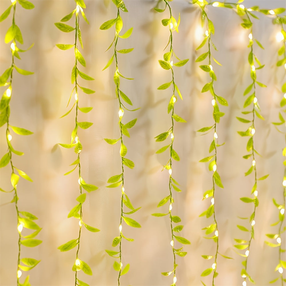 Green willow leaf LED string lights, battery operated, 2M/5M, plastic, suitable for room decor, weddings, and holidays, batteries not included.