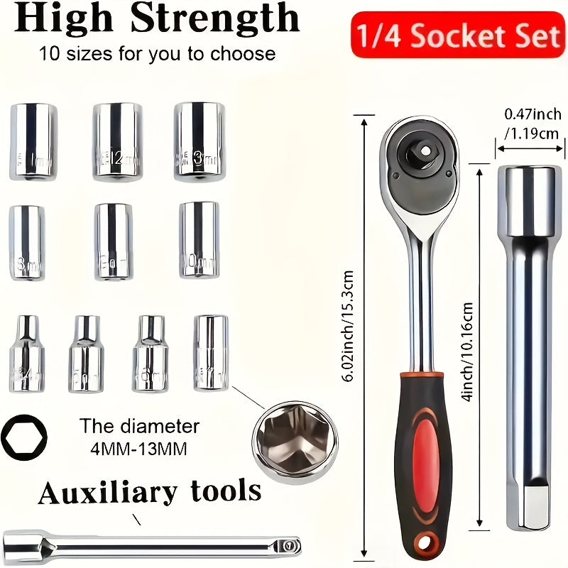 12-piece Ratchet Wrench Set, Chrome Plated Steel, 1/4 and 1/2 Inch Sizes, Two-way Wheel Wrench Auto Repair Tool