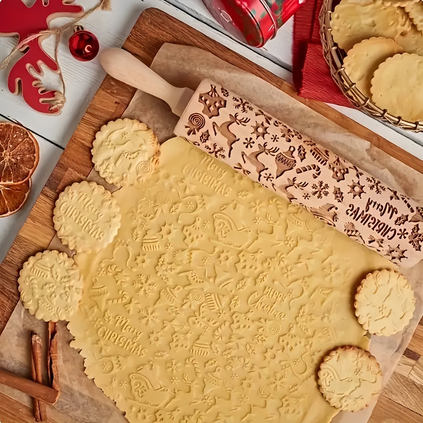 Get into the holiday spirit with our Christmas-themed Wooden Rolling Pin, featuring festive patterns perfect for cookies, pastries, and crafts. Measuring 34.8cm in length, this rolling pin is ideal for holiday baking, Thanksgiving, and Valentine's Day