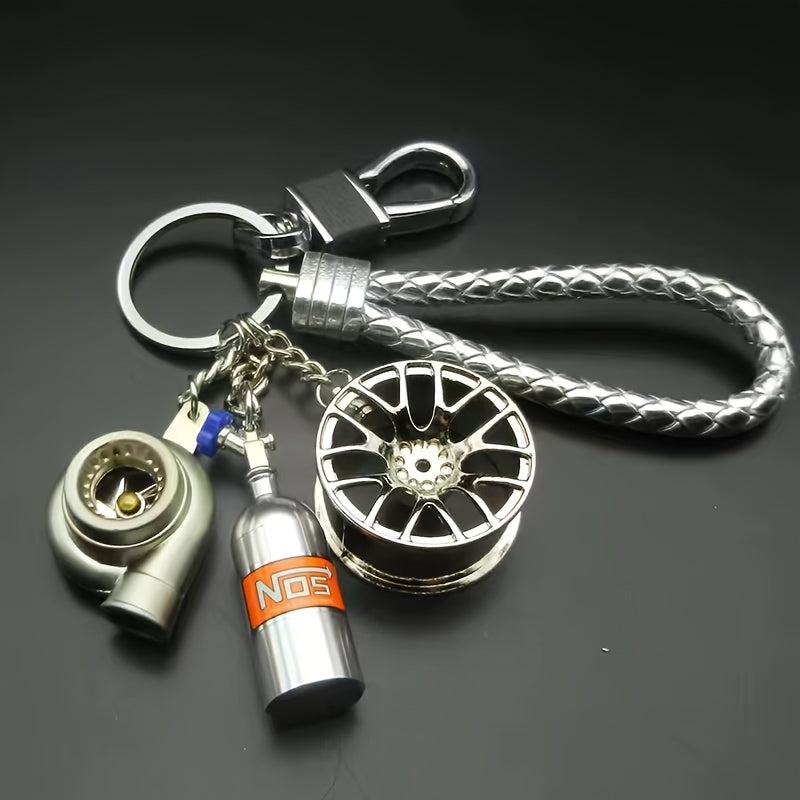 Keychains featuring car parts for car enthusiasts, stylish collectibles including black turbo, silvery gearbox, rainbow tire edges, red brake discs, and red spring shock absorbers. Perfect gifts for boyfriend car lovers.