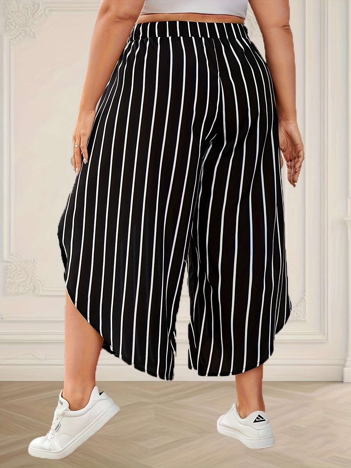 Plus Size Striped Loose Pants for Spring & Summer, Women's Casual Wide Leg High Waist Pants