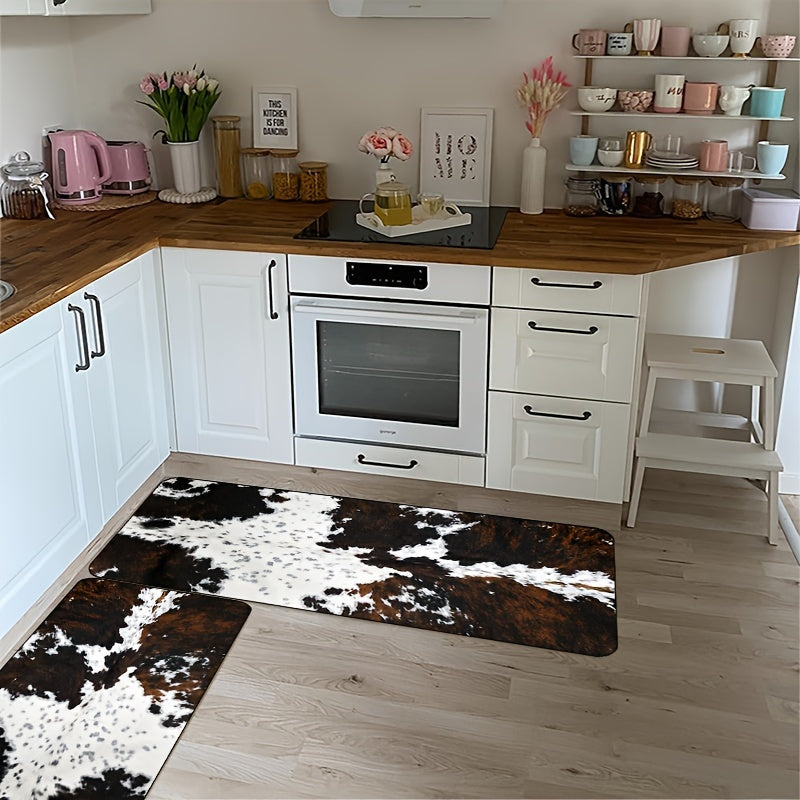 Cowhide Design Kitchen Mat: Keep your kitchen floor oil-proof with this durable and waterproof furniture throw carpet. This washable runner rug is perfect for spring decor and also makes a great gift for the corridor, laundry room, living room, bathroom