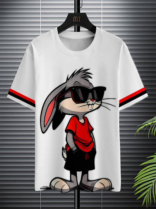 Men's Rabbit Print 3D Digital T-Shirt, Crew Neck, Short Sleeve, Polyester, Regular Fit, Heat Transfer Print Tee - MG-DX1419-B