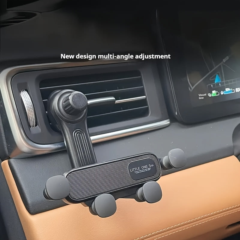 Car phone mount features stable gravity lock, anti-shake design, and adjustable air vent grip made of waterproof ABS material.