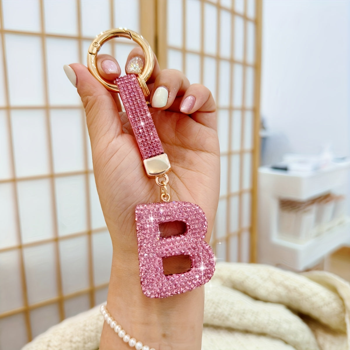 Personalized Initial Keyring - Shiny Key Ring Accessory with Alloy Rhinestone Alphabet Pendant in Pink, 1pc Charm for Women, Ring Buckle Decoration, Great Birthday or Festival Gift - Choose from Letters A-Z