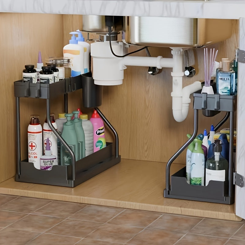 Two-tier under-sink storage organizer with plastic sliding drawer, versatile rack for bathroom and kitchen, available in black and white - cabinet organizer