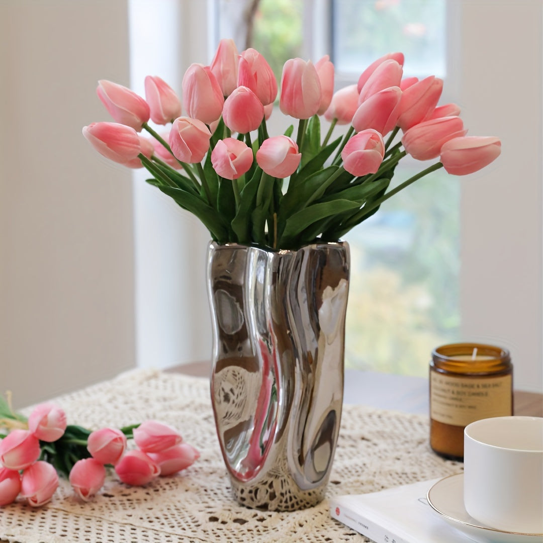 Artificial tulip flowers in 9, 18, or 27 piece sets for home or office decor, weddings, parties, and gifts.