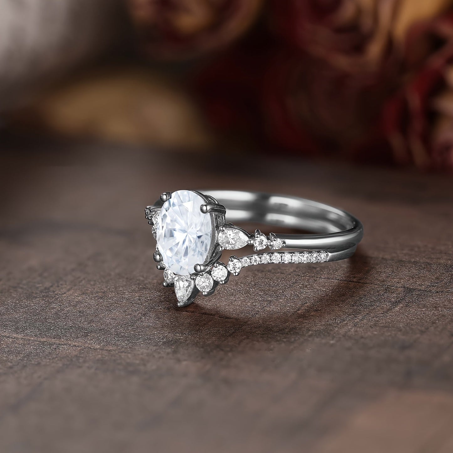 Two elegant and luxurious egg-shaped engagement rings for women, featuring an oval-shaped cubic zirconia center stone adorned with teardrop cubic zirconia. These exquisite and unique egg-shaped cubic zirconia women's wedding rings are perfect for