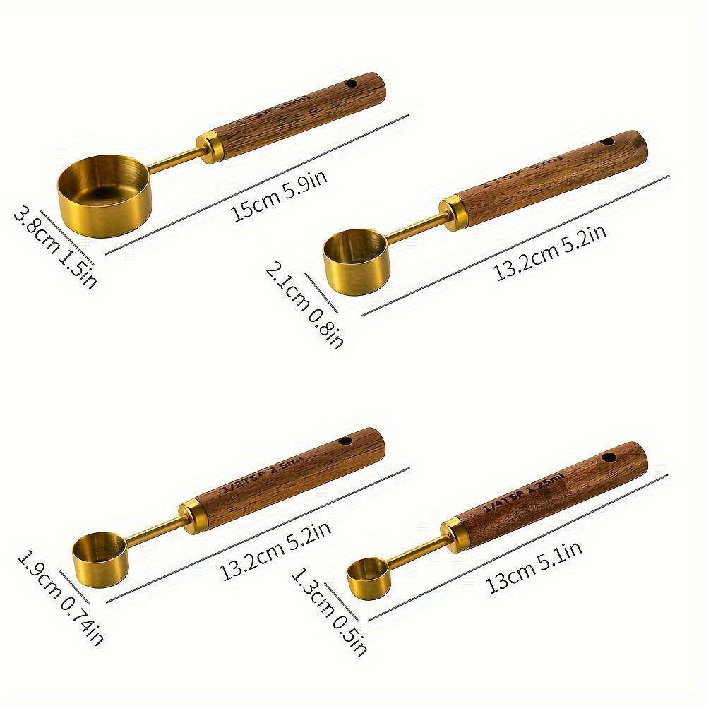 Set of 4 Kitchen Measurement Tools with Stainless Steel Metal and Wooden Handles