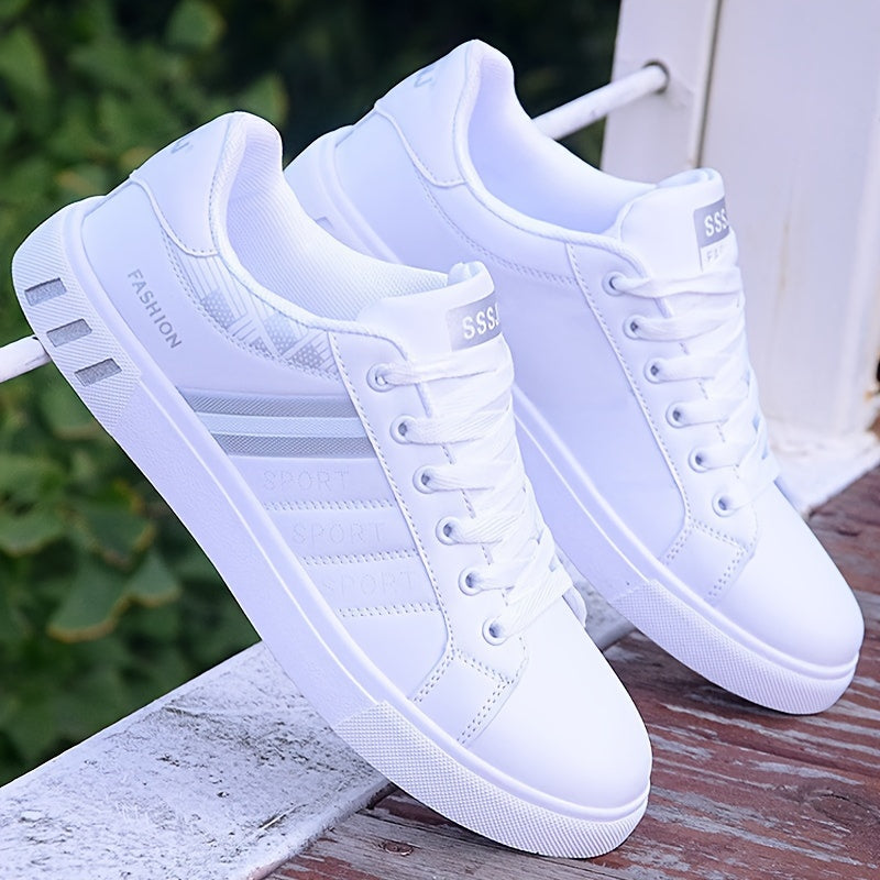 Men's fashion skate shoes with striped canvas design, PU upper, fabric lining, rubber sole, EVA insole, low top lace-up style, and round toe.