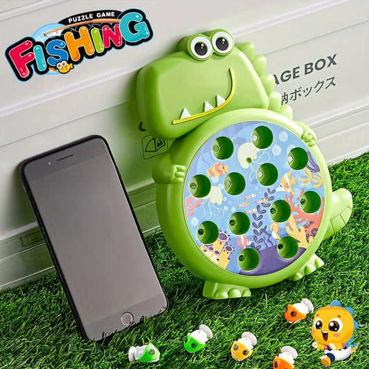 Dinosaur fishing plate toy with weak magnetic rod, suction hook, small fish, plastic material, in green/blue color.