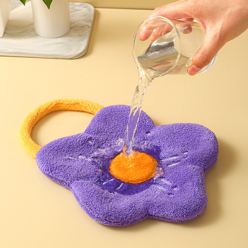 One piece of Flower Shaped Coral Fleece Hand Towel, made of quick-dry absorbent polyester for cleaning, a chemical-free woven dishcloth perfect for kitchen, bathroom, and camping use.