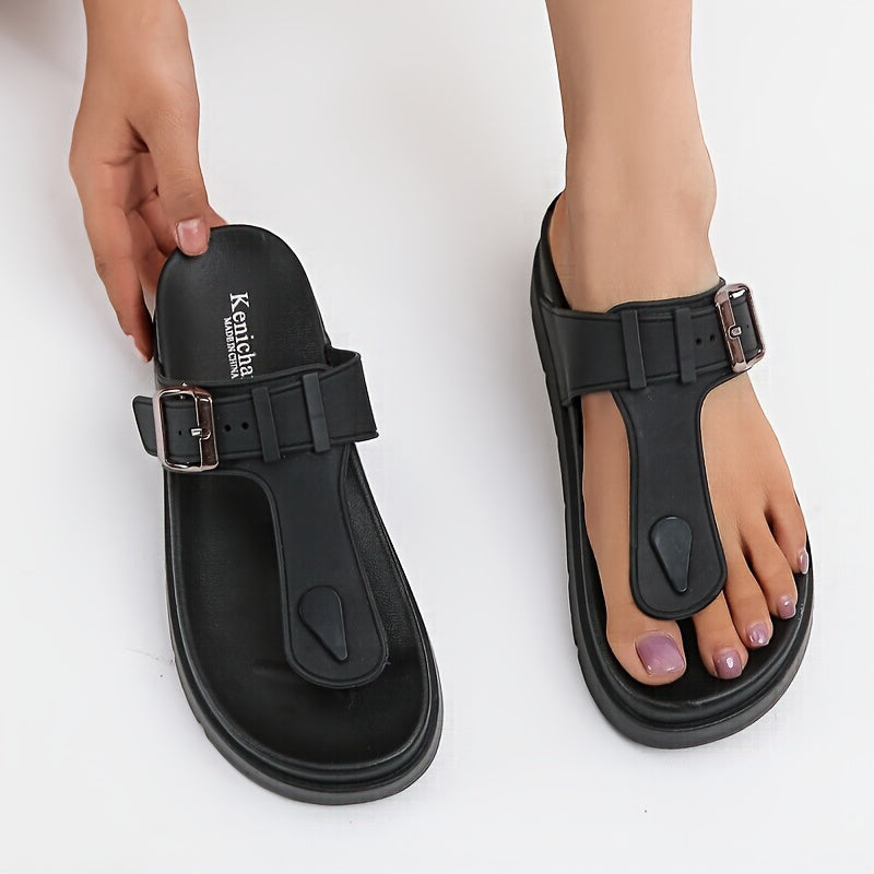 Comfortable Solid Color Flip Flops for Women, Casual Clip Toe Summer Shoes with Buckle Strap Detail