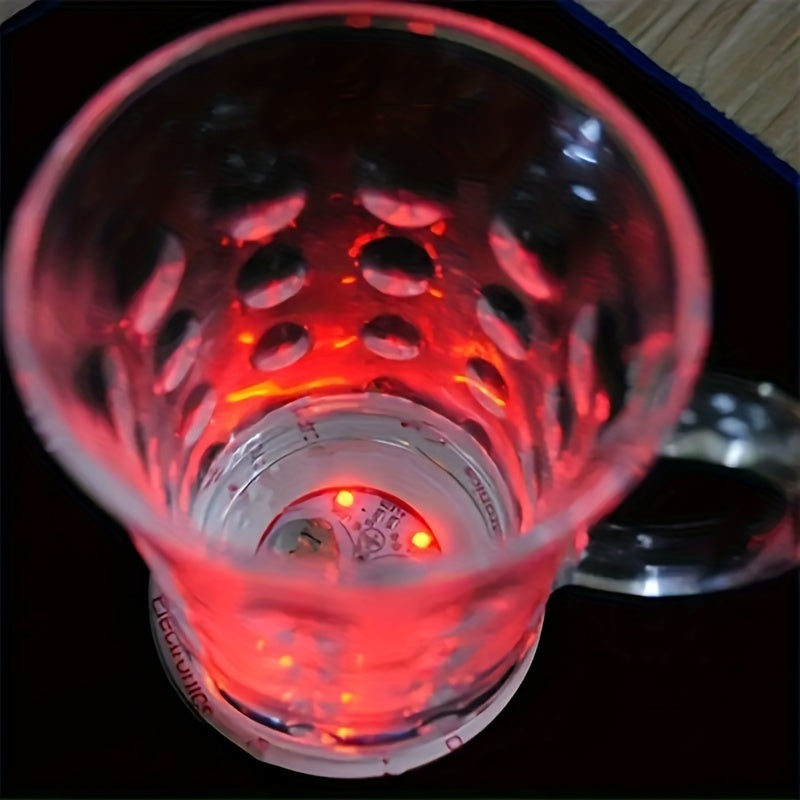 LED Coaster Stickers in sets of 1, 5, or 10 to decorate drinking glass cups, wine bottles, and liquor bottles for party lighting.