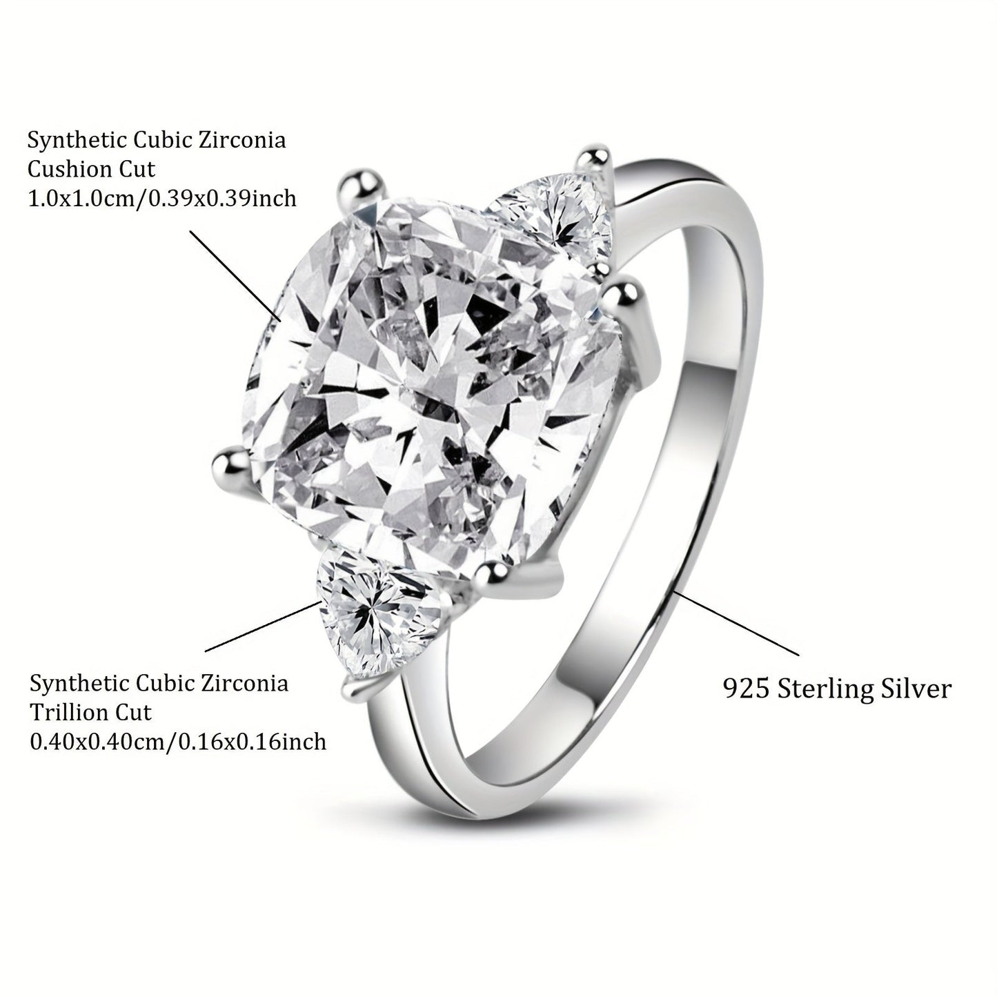 This stunning engagement ring features an elegant design with sparkling 3-stone synthetic cubic zirconia in square and triangle shapes. Made from 925 sterling silver with a high-polished finish, this ring is perfect for weddings and anniversaries. It