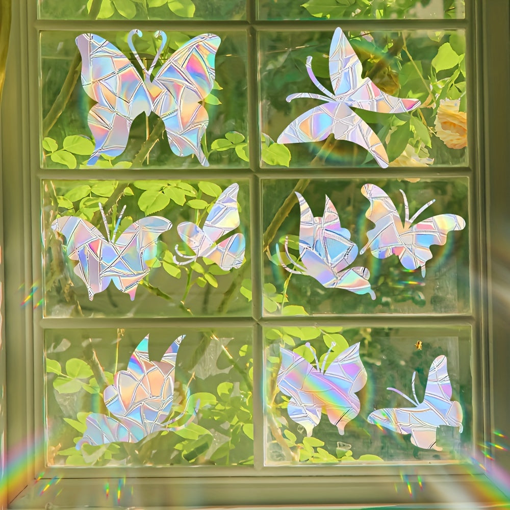 Window clings featuring classic stripes and butterfly design. Made with 2mil thickness for durability. Ideal for single use and easy static adsorption on glass surfaces. Perfect for decorating sun catchers, bedroom balcony doors, and windows.