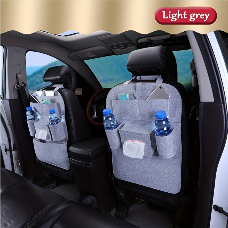 Car back seat organizer with storage pockets, kick mats, seat protectors, tissue box, cup holder, laptop table, and eating tray for parking use only.