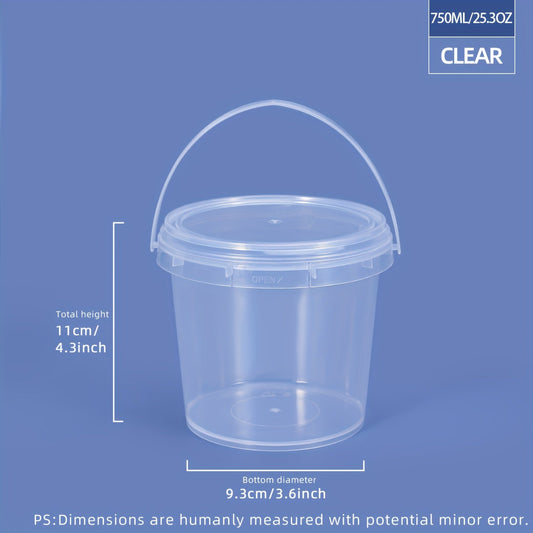 12-piece set of clear round PP Plastic Food Storage Containers with handles, ranging from 300ml to 1000ml in capacity. These containers are durable, resistant to high temperatures, odor-free, and safe for use in the microwave and freezer. They are also