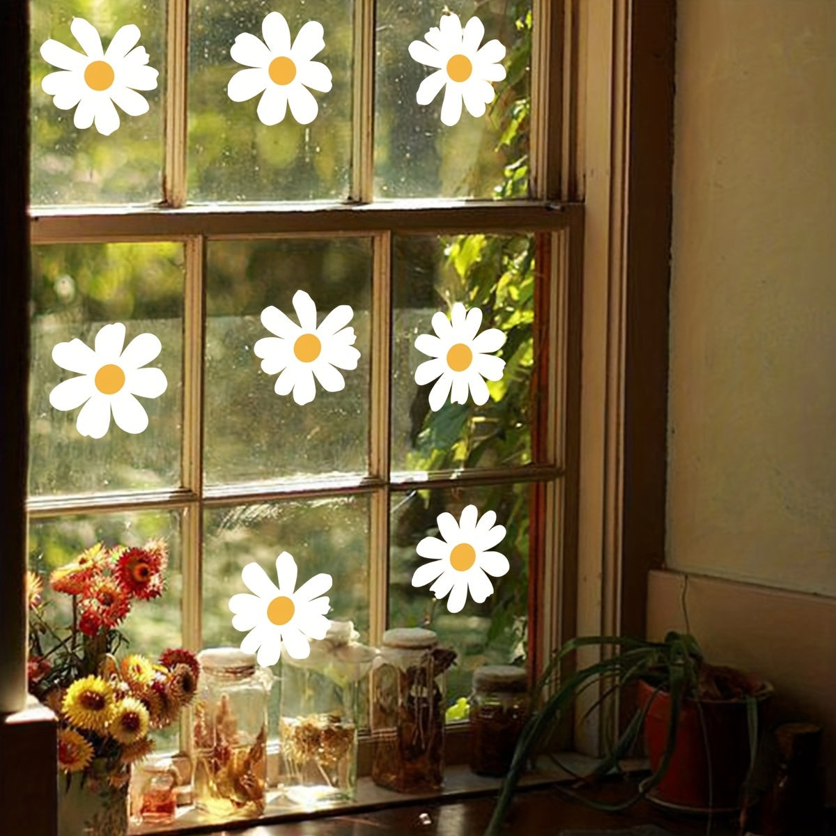 Modern Daisy Flower Window Decals - Made of Polyvinyl Chloride with Static Cling for Glass & Mirror - Can be Reused as Decorative Floral Patterns - Enhance Your Home with Embellished Wall Accents in Different Shapes, 5mil Thickness