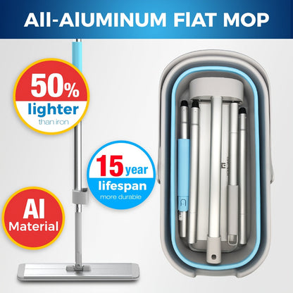 The HOME TIMES Aluminum Flat Mop and Bucket Set is perfect for all your cleaning needs. This set includes a wringer, 2 mop pads, and a silicone mop head. It is foldable and compact, requiring no electricity. Ideal for cleaning living rooms, bedrooms