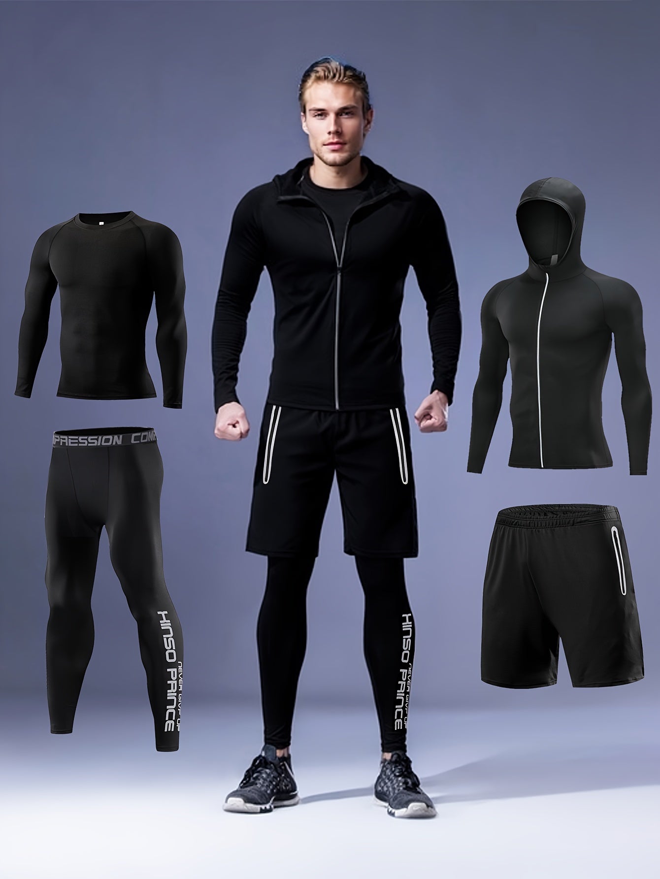 Men's Athletic set includes a quick-dry, stretchy hoodie, shorts, and leggings ideal for running, basketball training, and outdoor activities.