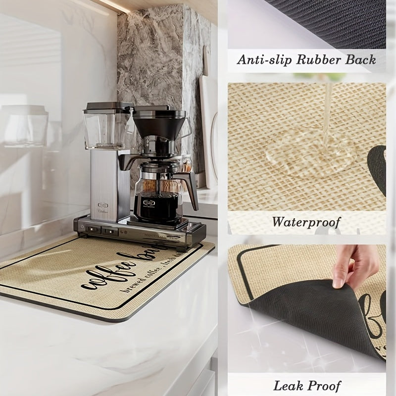 Keep your kitchen clean with the "Coffee Lover" Quick-Dry Coffee Mat, designed with hidden stain absorption and a rubber backing. Perfect for your kitchen counter or coffee bar, this mat is ideal for use with espresso machines and coffee mugs.