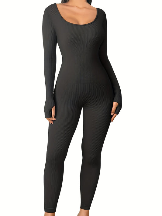 Seamless body shaping jumpsuit with long sleeves for slimming and shaping, designed for women.