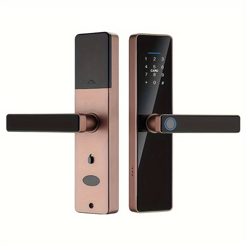 Smart keyless entry door lock with app for easy installation, featuring fingerprint and digital password access.