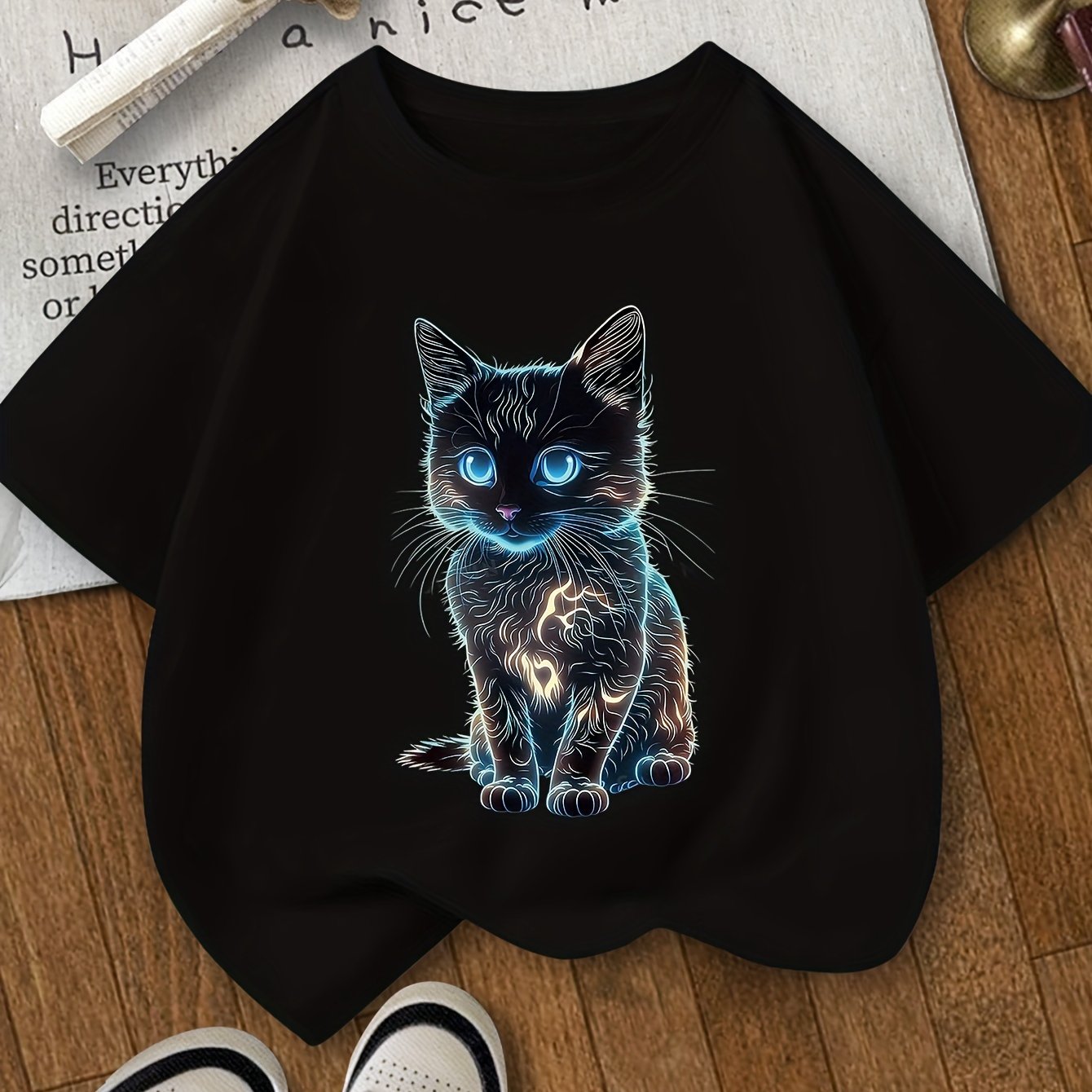 Girls' Cat Graphic Tee: Polyester blend, round neck, short sleeve top for ages 8-14.