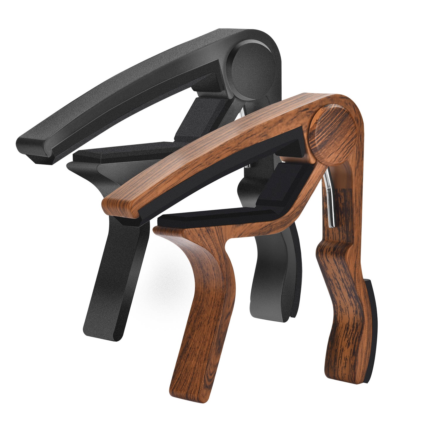 Pair of Guitar Capos for Acoustic, Electric, and Bass Guitars in Black and Rosewood.