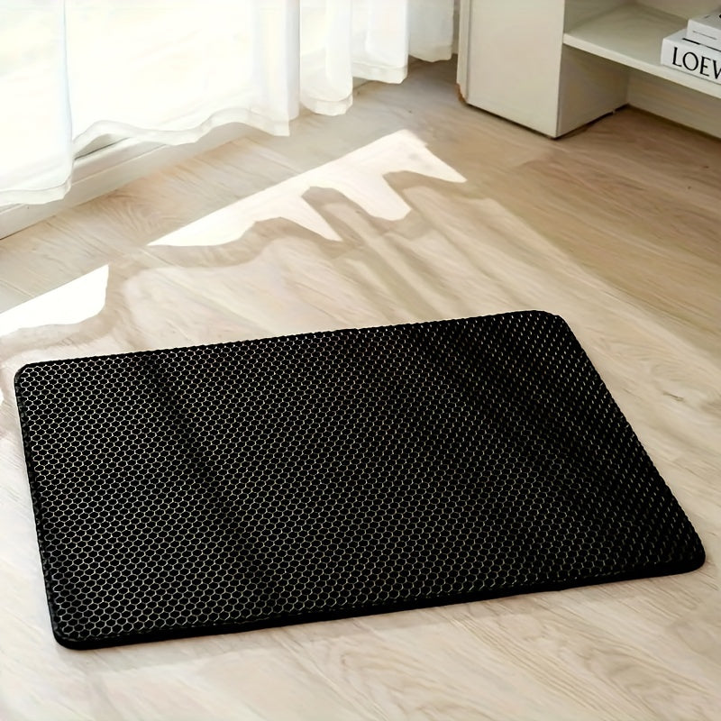 Extra large cat litter mat in gray and black with non-slip honeycomb double layer design. Made of high-quality EVA material that is urine and waterproof. Easy to clean with directional