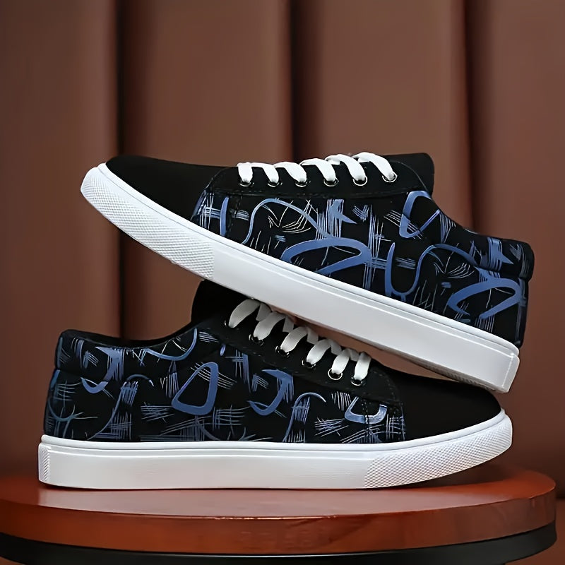 Men's vintage street fashion canvas sneakers with abstract print, breathable lining, durable sole, and skateboarding comfort for all seasons.