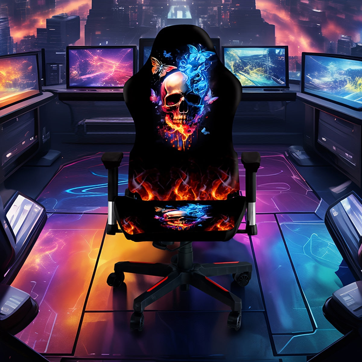 Stretchable and washable gaming chair cover with eclectic skull design, made of premium milk fiber fabric. The one-piece slipcover boasts high elasticity and easy fit, featuring a digital