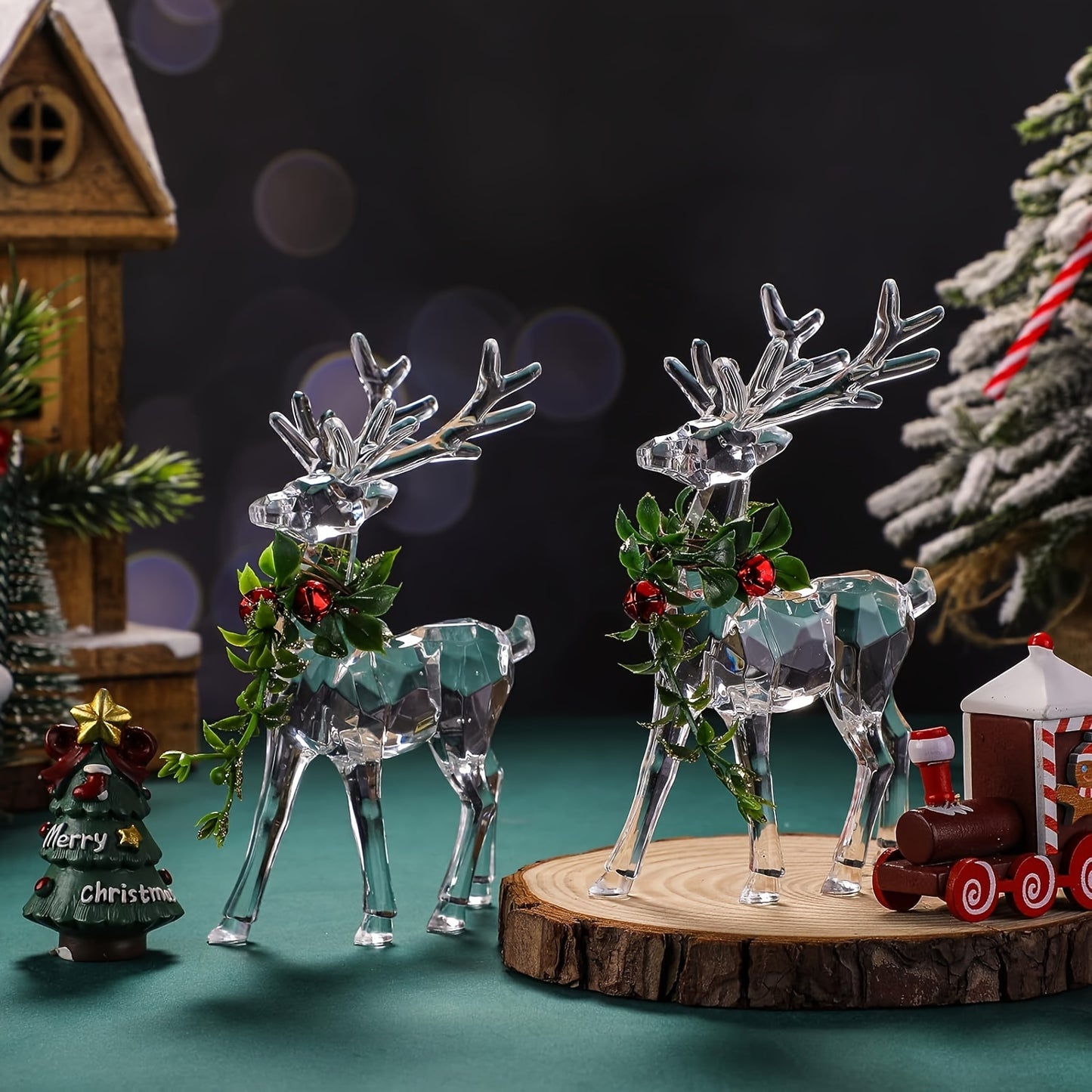 Clear acrylic Christmas reindeer figurines with red bells - perfect holiday decor for any room.