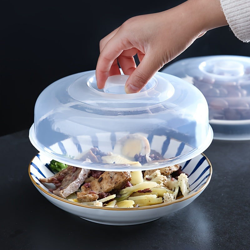 Microwave-safe round plastic bowl cover preserves freshness and prevents splashes.