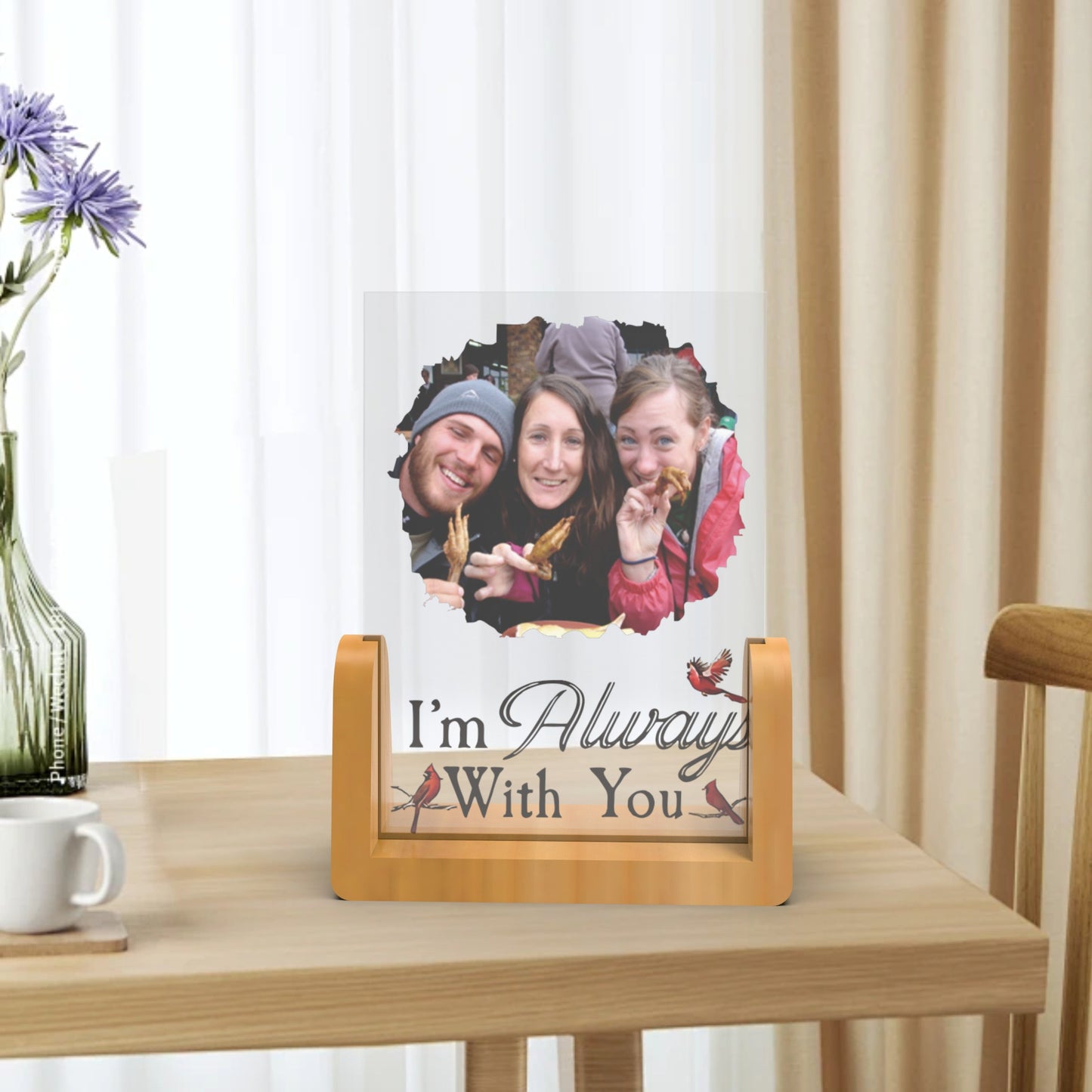 Personalized wooden stand photo plaque made of durable acrylic - Customizable remembrance gift for condolences, sympathy, or in memory of a loved one. Engraved with the comforting message "I'm always with you." Fade-resistant and long-lasting