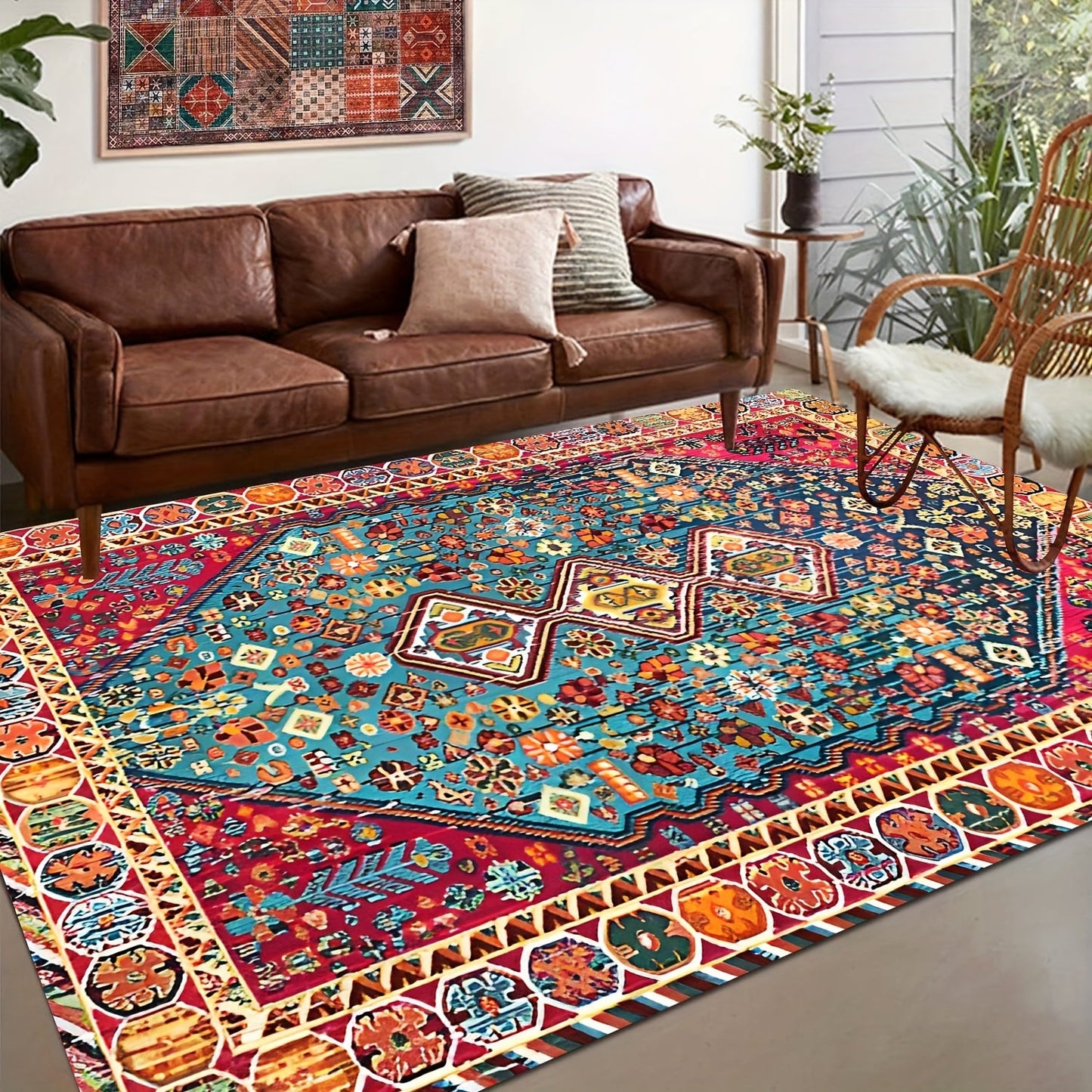 Persian-inspired area rug with Bohemian chic design - Easy to clean, durable, perfect for living room and bedroom styling