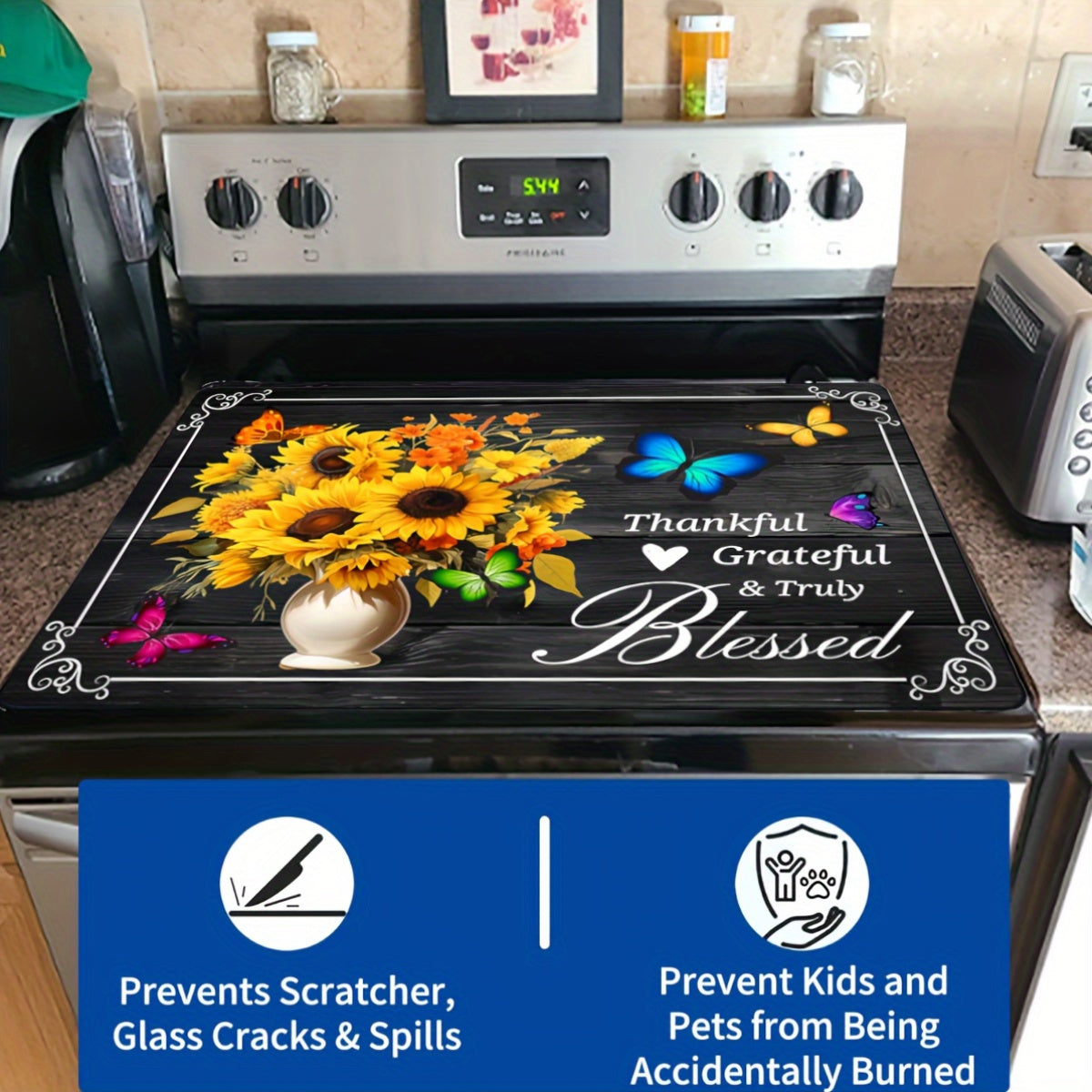 Heat resistant stove top cover with a sunflower design, measuring 28.5x20.5"/72.5x52CM. This glass stove protector is anti-scratch and dishwasher safe, made of natural rubber. Perfect for protecting your stove top during cooking, it can also double as a