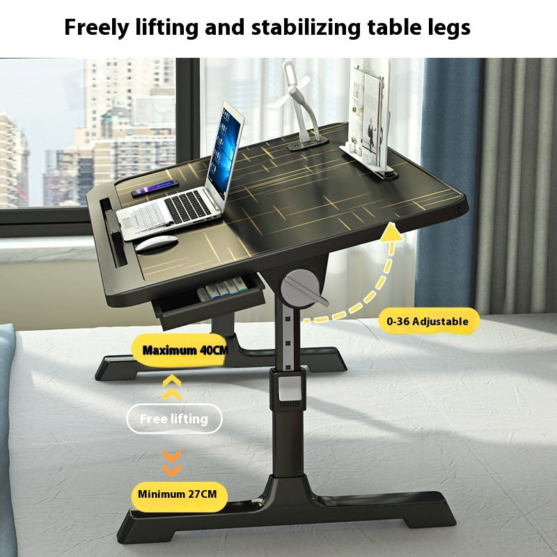 Adjustable overbed laptop desk with foldable legs and storage drawer for home and office use.