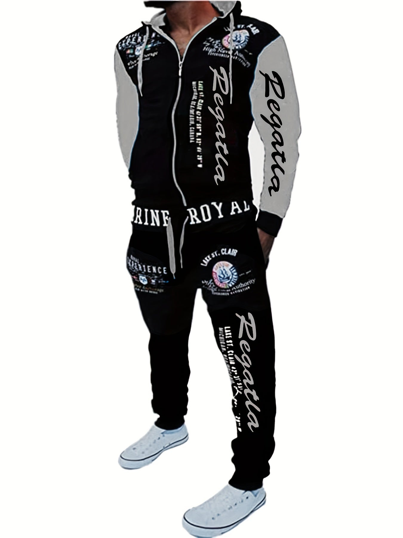 Men's navy blue and black "Riverside" printed hoodie and jogger set. Sporty, casual polyester outfit with zip-up hoodie and drawstring pants. Machine washable for running and leisure